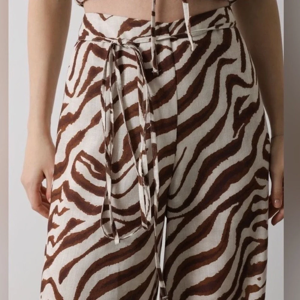 Zara NWT Linen Animal Print Wide Leg Pants